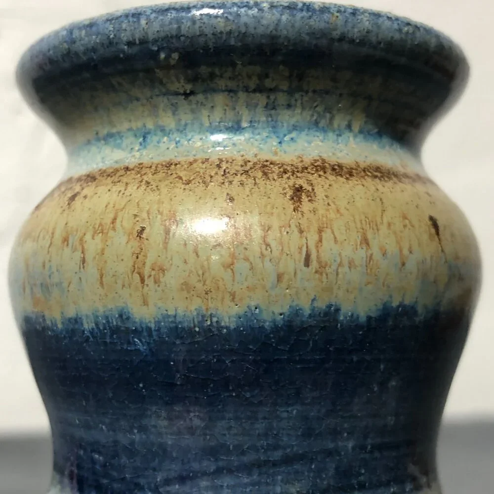 Hand Thrown Stoneware Pottery Vase Artist Signed MMP Blue Brown Tone Art Pottery - Picture 6 of 9